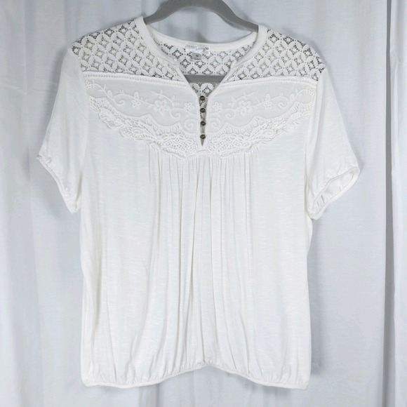 Orange Kiss‎ Crochet Lace Top Cream Size M Jersey Short Sleeve Elastic Waist - Picture 1 of 5